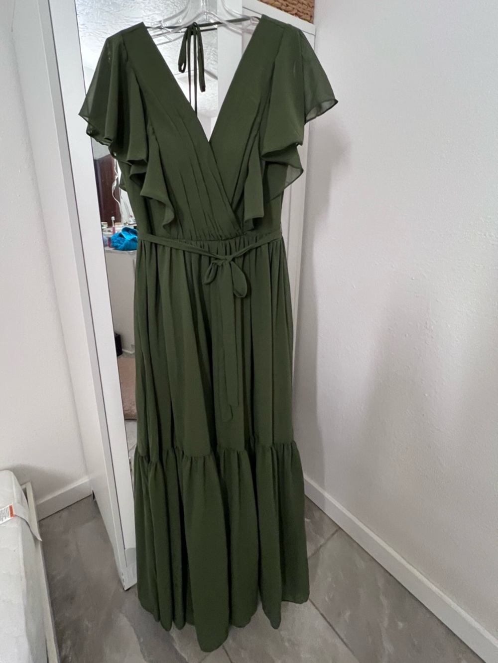 Olive Green Flutter Sleeve Maxi Dress